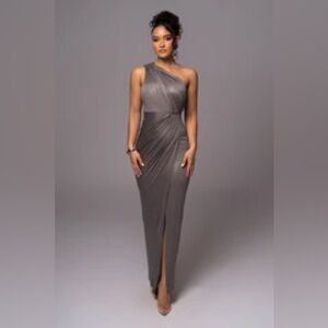 A bronze/silver slit maxi dress